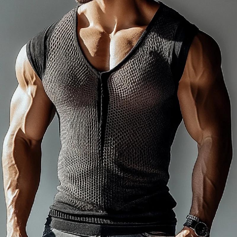 Men's Sexy Hollow Mesh V-Neck Tight Tank Top 68776931M