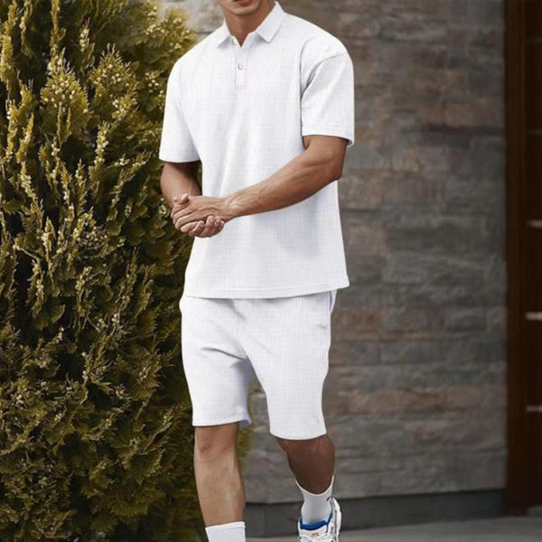 Men's Solid Color Lapel Short-Sleeved Polo Shirt And Shorts Set 90358182Y