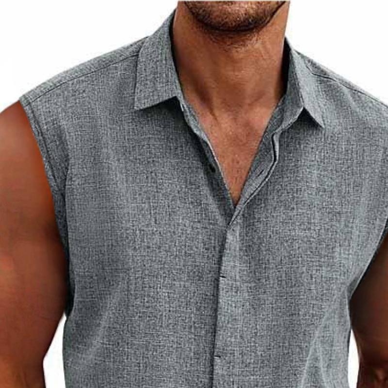 【Expédition 24 heures】Chemise sans manches en coton et lin à revers de couleur unie pour hommes 33989351TO