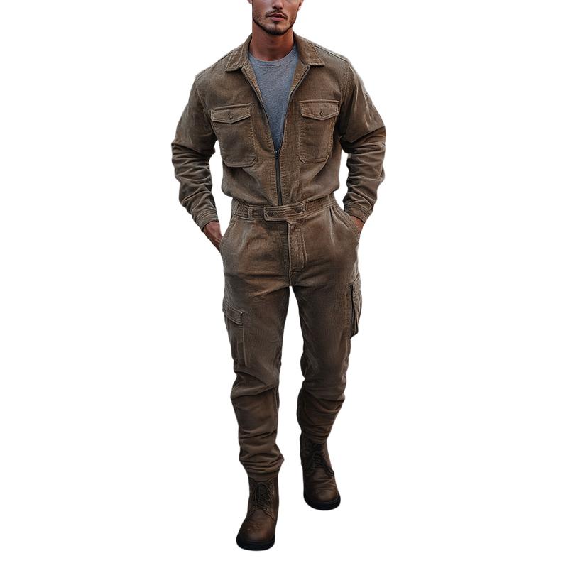 Men Fashion Lapel Zipper Multi-pocket Corduroy Cargo Jumpsuit 02626150Y