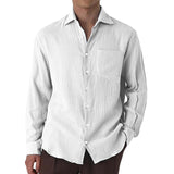 Men's Casual Cotton Linen Pleated Lapel Patch Pocket Slim Fit Long Sleeve Shirt 86231655M