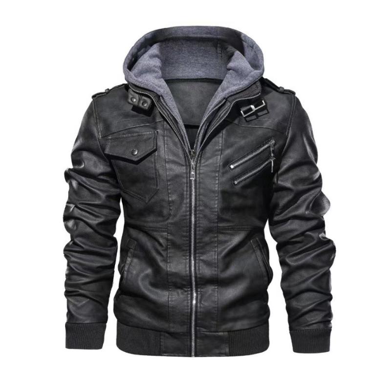 Men's Vintage Leather Hooded Double Zip Slim Fit Motorcycle Jacket 72254027M