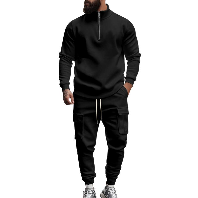 Men's Solid Color Casual Plush Warm Zipper Stand Collar Sweatshirt Sweatpants Set 08038864Y