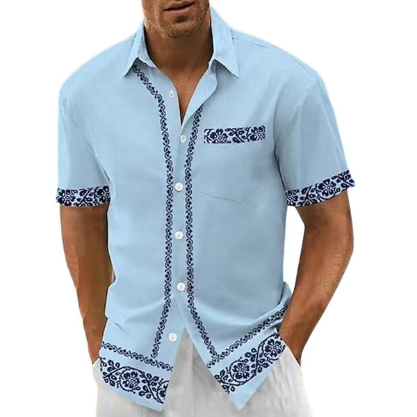 Men's Casual Printed Lapel Slim Fit Short Sleeve Shirt 82333191M