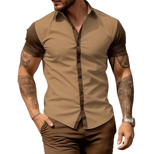 Men's Retro Color Block Lapel Short Sleeve Shirt 11124231TO
