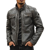 Men's Stand Collar Zipper Leather Jacket 34693022X