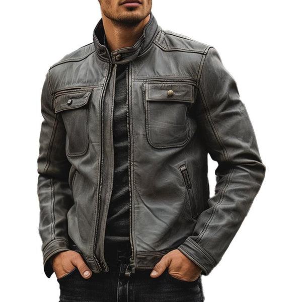 Men's Stand Collar Zipper Leather Jacket 34693022X