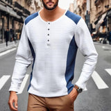 Men's Color Block Waffle Button Round Neck Long Sleeve Sweatshirt 36338962Y