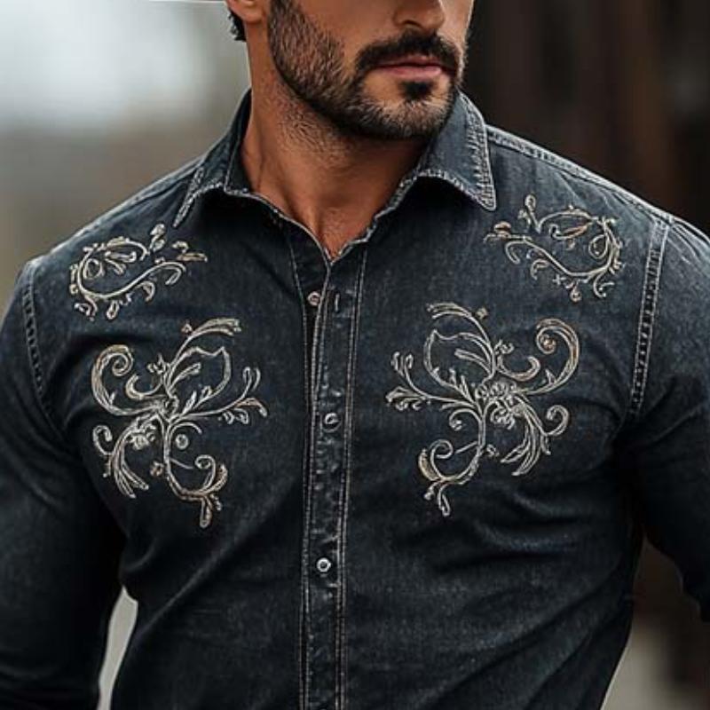 Men's Classic Retro Western Cowboy Style Embroidered Long Sleeve Denim Shirt 05541964K