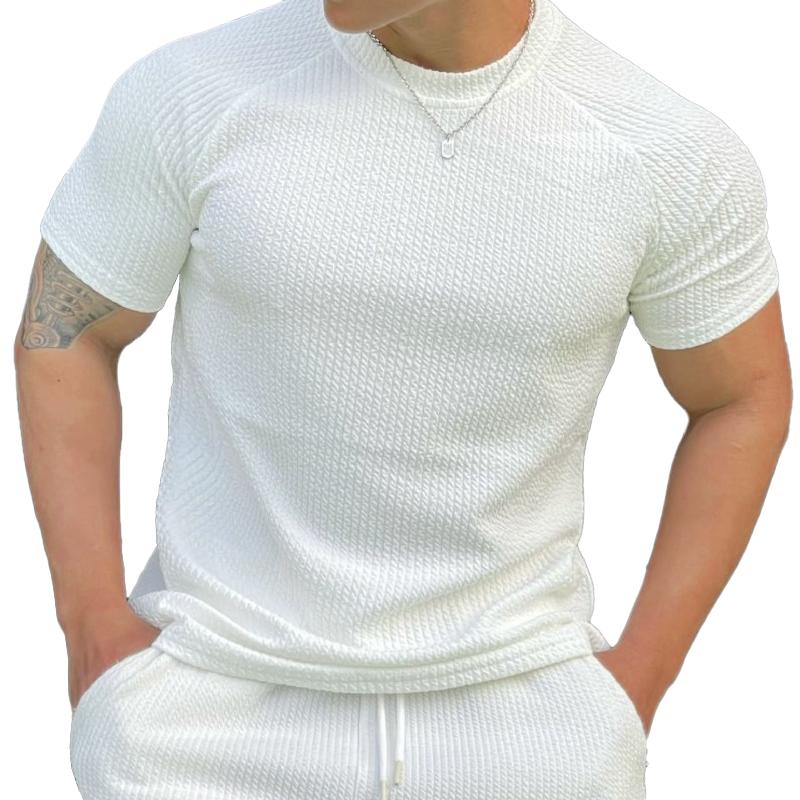 Men's Solid Striped Round Neck Short Sleeve Sports Casual T-shirt 18523718Z