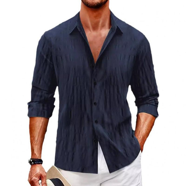 Men's Solid Color Textured Lapel Long Sleeve Shirt 09964301Z