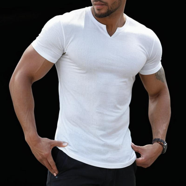 Men's Casual Solid Color V-Neck Stretch Tight Short-Sleeved T-Shirt 08660555M