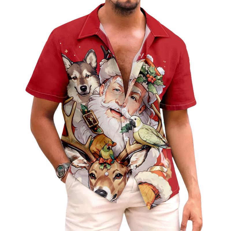 Camisa de manga corta con solapa navideña estilo vintage e informal para hombre, diseño de Papá Noel, 03713922TO