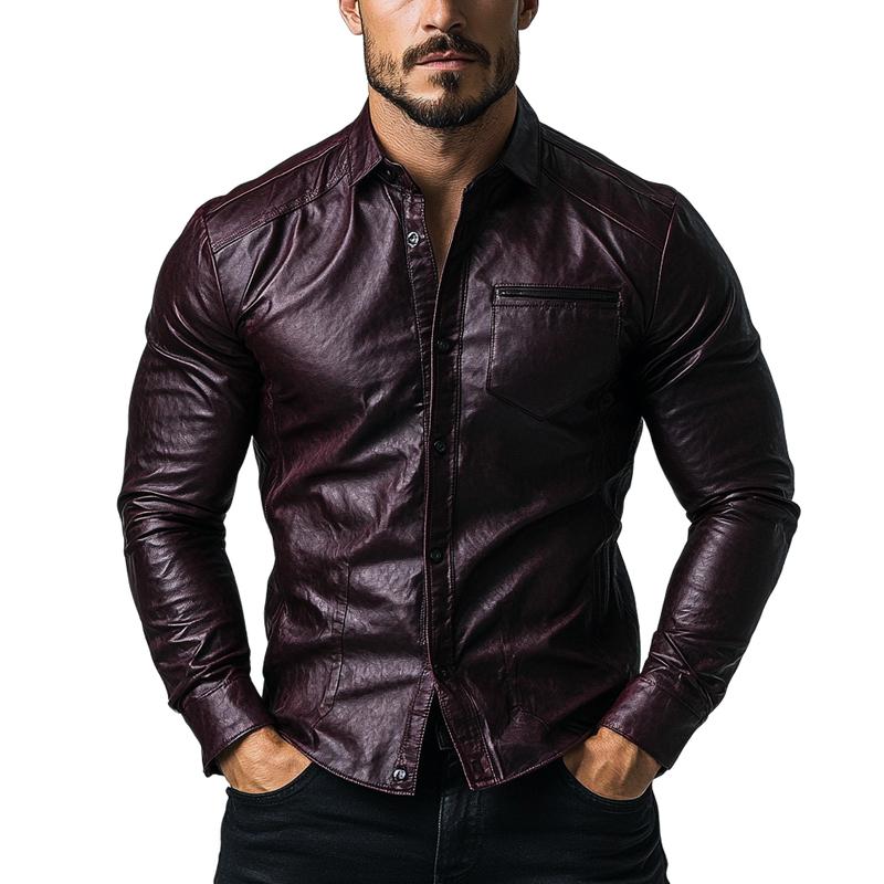 Mens Fashion Single Breasted Slim Fit Long Sleeve Leather Shirt 12449813Y