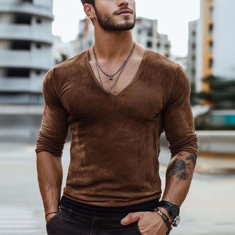 Men's Fashion Suede Slim Fit V Neck Long Sleeve T-Shirt 29648945Y