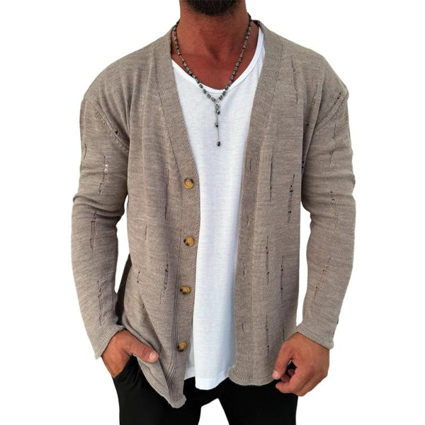 Men's Fashion Solid Color Holes V Neck Single Breasted Knit Cardigan 33992975Z