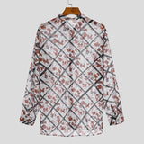 Men's Lapel Long Sleeve Print Transparent Shirt 09427485Z