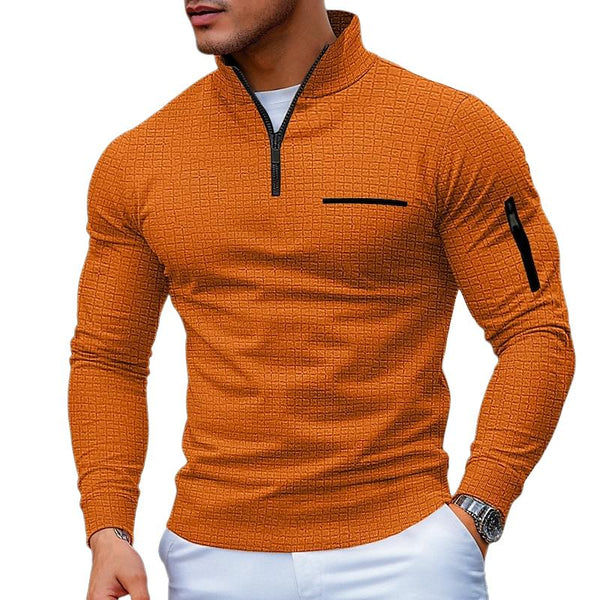 Men's Casual Waffle Zipper Stand Collar Long Sleeve Polo Shirt 75379500Y