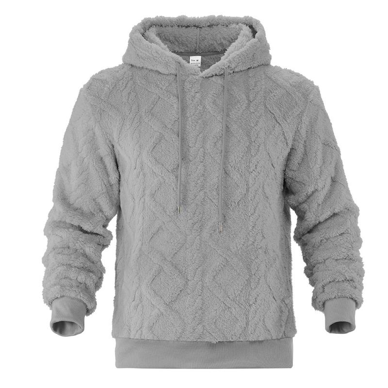 Men's Casual Solid Color Woven Plush Warm Hooded Sweatshirt 72865635Y