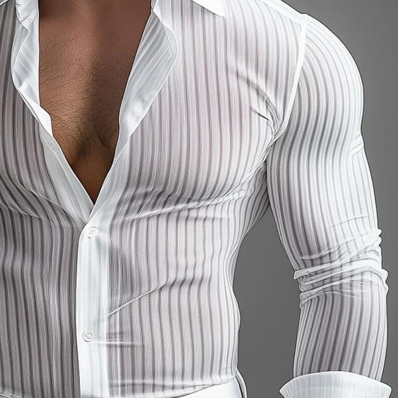 Men's Fashion Transparent Stripe Lapel Slim Fit Long Sleeve Shirt 36458542Y