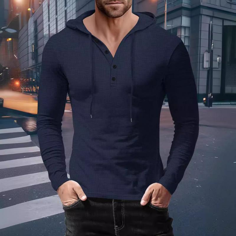 Men's Casual Solid Color Waffle Slim Long Sleeve Hoodie 06245850M