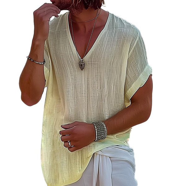 Men's Cotton And Linen Solid Loose V Neck Short Sleeve T-shirt 45942357Z