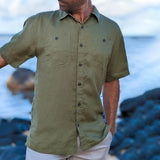 Men's Solid Lapel Breast Pockets Short Sleeve Cargo Shirt 07370325Z