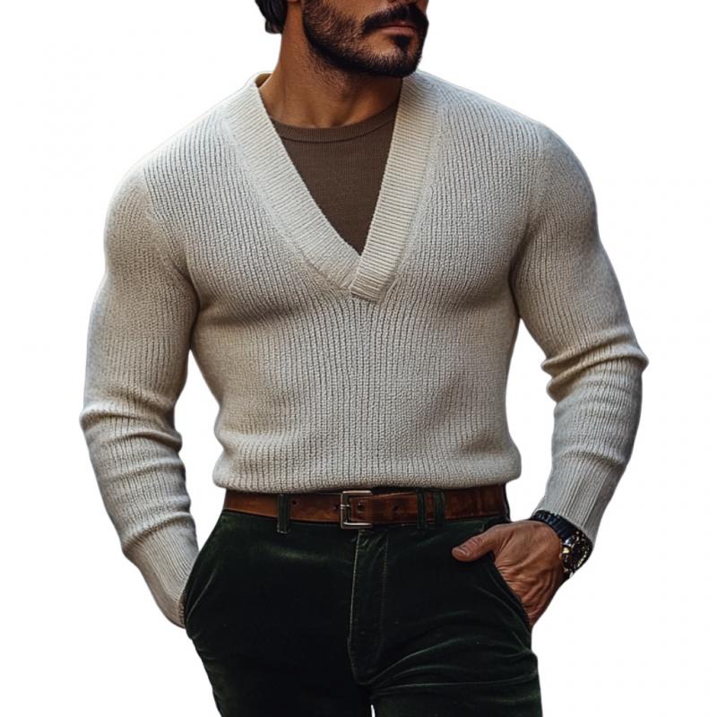 Men's Vintage V-neck Solid Color Slim Fit Knitted Sweater 61736180M