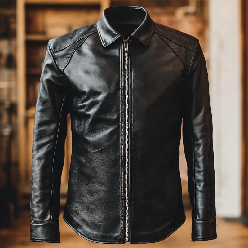 Men's Classic Black Lapel Long Sleeve Leather Shirt 13028188F