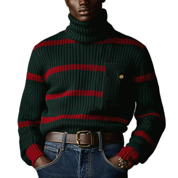 Men's Vintage Christmas Color-Blocked Striped Knitted Turtleneck Chest Pocket Sweater 76961812Y