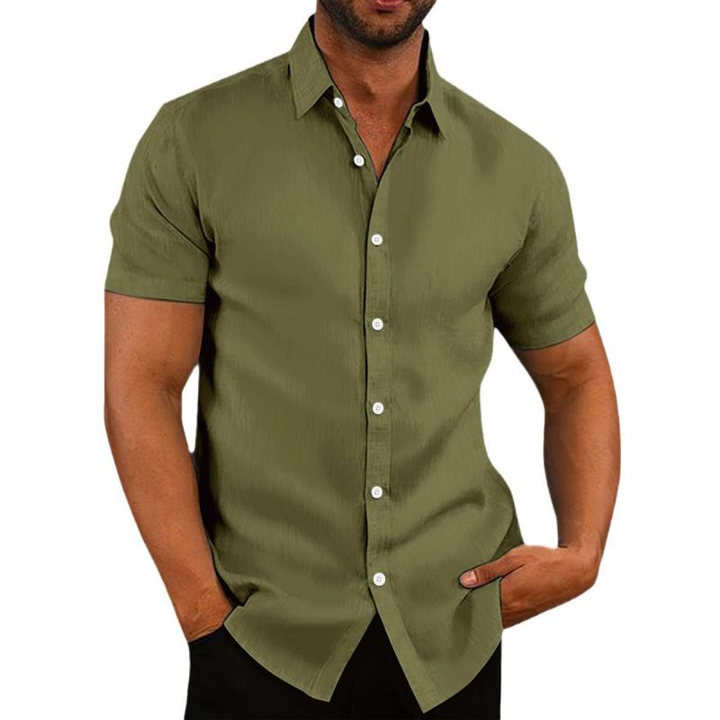 Chemise décontractée à manches courtes en coton et lin pour homme, coupe slim, à revers ample, 21811775M