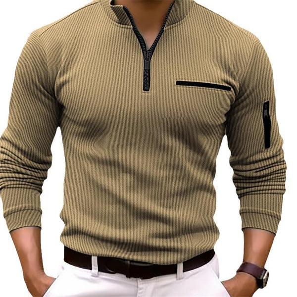 Men's Solid Striped Stand Collar Long Sleeve Polo Shirt 09169706Z