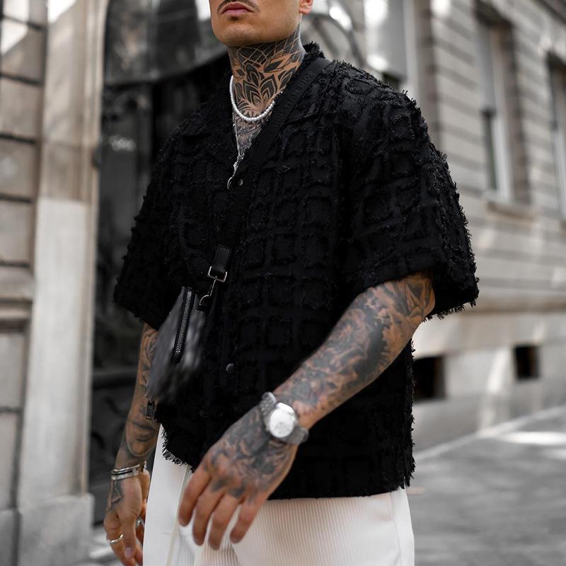 Men's Solid Texture Fabric Lapel Short Sleeve Casual Shirt 74302419Z