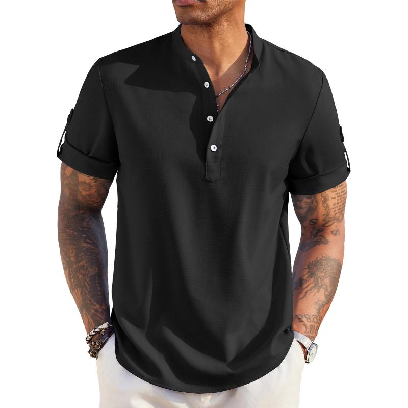 Men's Vintage Cotton and Linen Henley Collar Short Sleeve Shirt 12085943Y