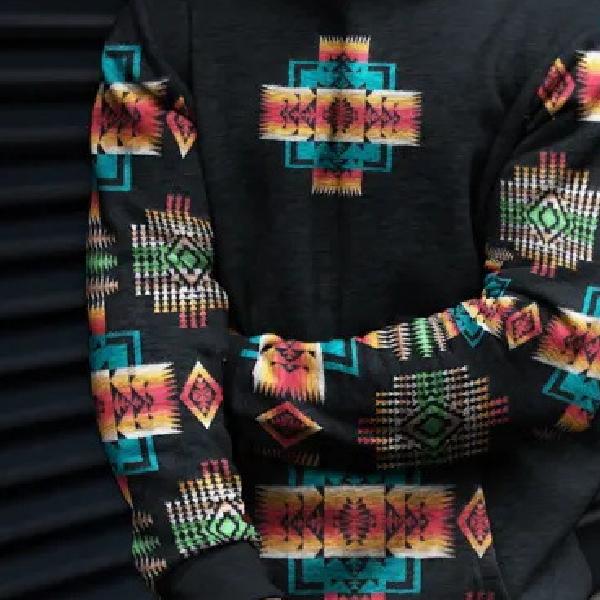 Men's Retro Casual Ethnic Style Geometric Print Hoodie 03124023TO