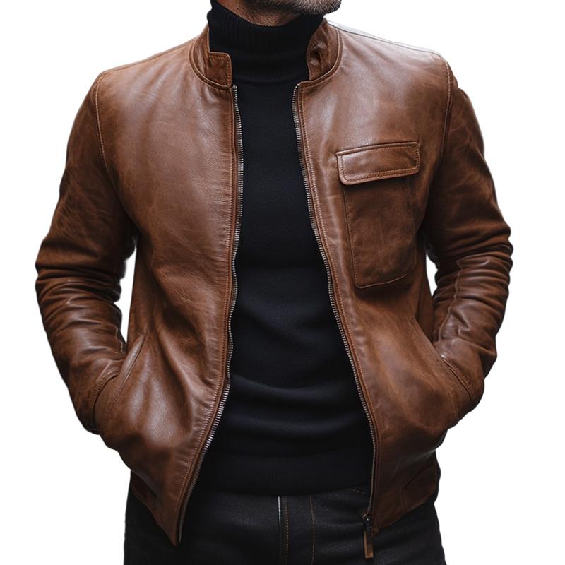 Men's Vintage Casual Lapel Pocket Zipper Leather Jacket 33158219TO