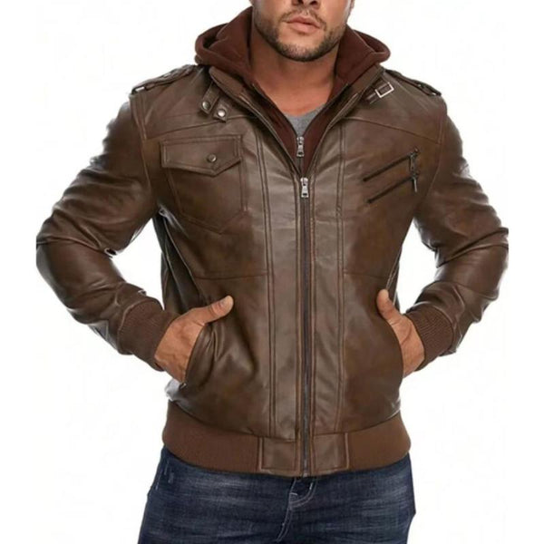 Men's Vintage Leather Hooded Double Zip Slim Fit Motorcycle Jacket 72254027M