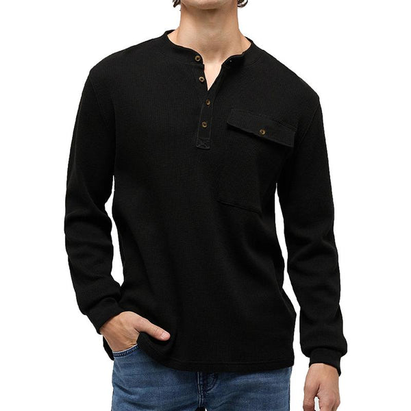 Men's Solid Waffle Henley Collar Long Sleeve Casual T-shirt 90883370Z