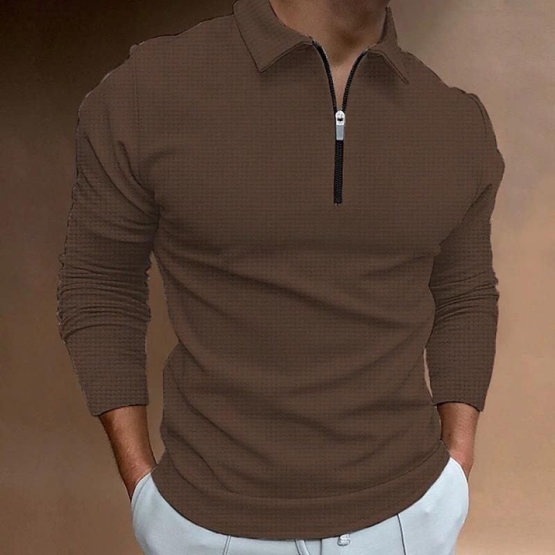Men's Solid Waffle Zipper Lapel Long Sleeve Polo Shirt 84838929Z