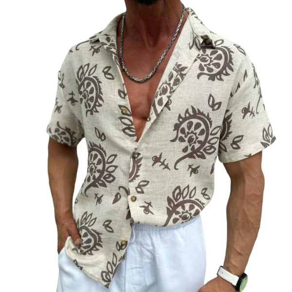 Men's Casual Linen Perris Print Short Sleeve Shirt 64880169TO