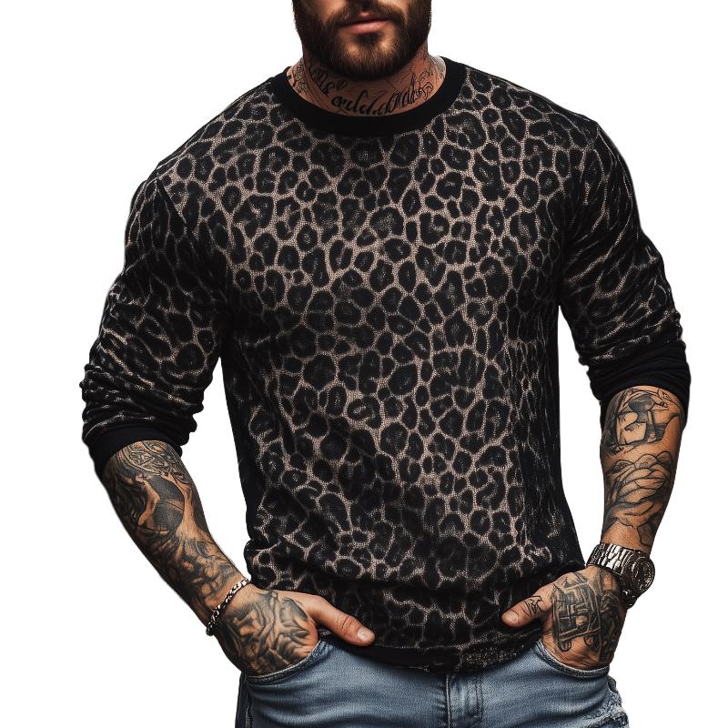 【24-hour shipping】Men's Retro Casual Leopard Print Round Neck Colorblock Long Sleeve T-Shirt 79123683TO