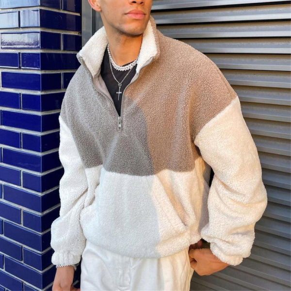 Men's Colorblock Fleece Zipper Stand Collar Casual Sweatshirt 43715406Z