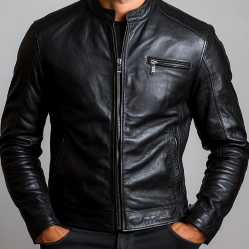 Men's Classic Stand Collar Leather Jacket 33085559F