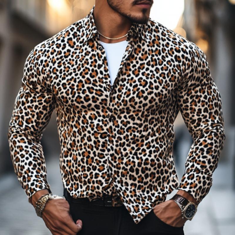 Men's Classic Casual Printed Leopard Satin Long Sleeve Shirt 94533590K