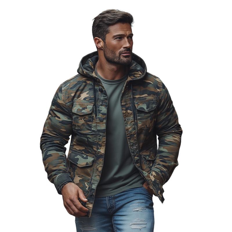 Veste décontractée à capuche et à poches multiples pour homme, style camouflage, à simple boutonnage, 42185129M