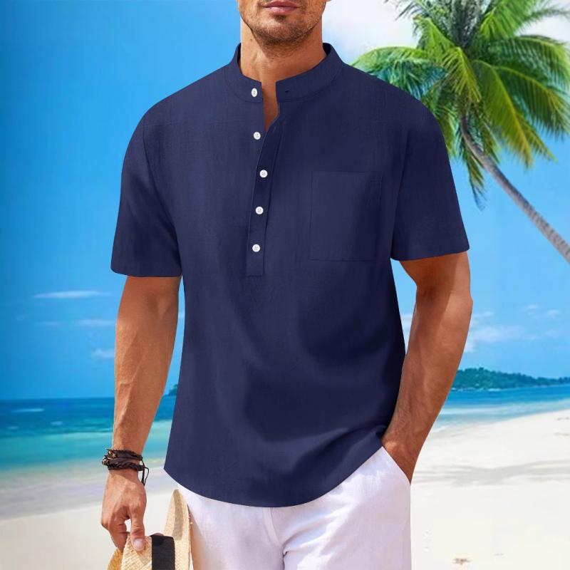 Men's Solid Cotton And Linen Stand Collar Short Sleeve Casual Shirt 17331455Z