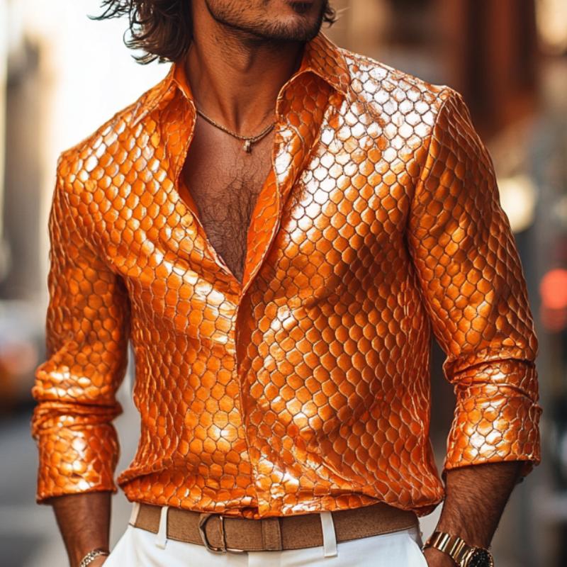 Men's Fashion Lapel Fish Scale Textured Leather Long Sleeve Shirt 90945031F