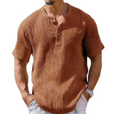 Men's Casual Cotton Linen Pleated Henley Collar Breathable Short-Sleeved Shirt 03788375M