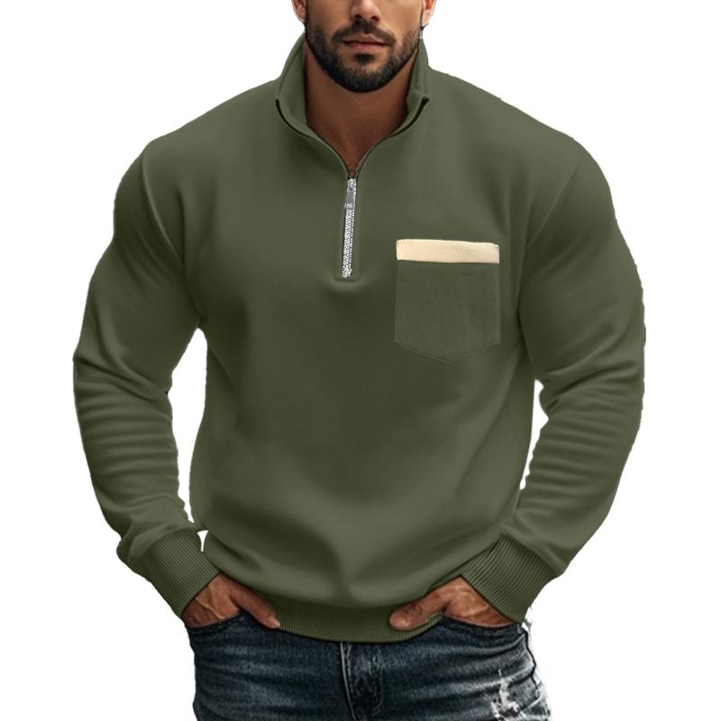 Sweat-shirt décontracté à col montant et fermeture éclair pour homme, couleur unie 21133783X