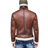 Men's Vintage Lambswool Warm Lapel Zipper Motorcycle Leather Jacket 90000653M